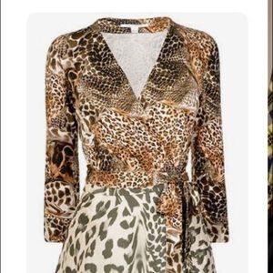 DVF animal print silk flared wrap dress.